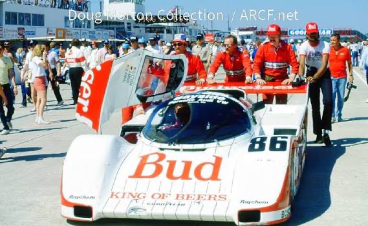 A Budweiser &ldquo;King of Beers&rdquo; sports-car prototype, number 86, on the grid
