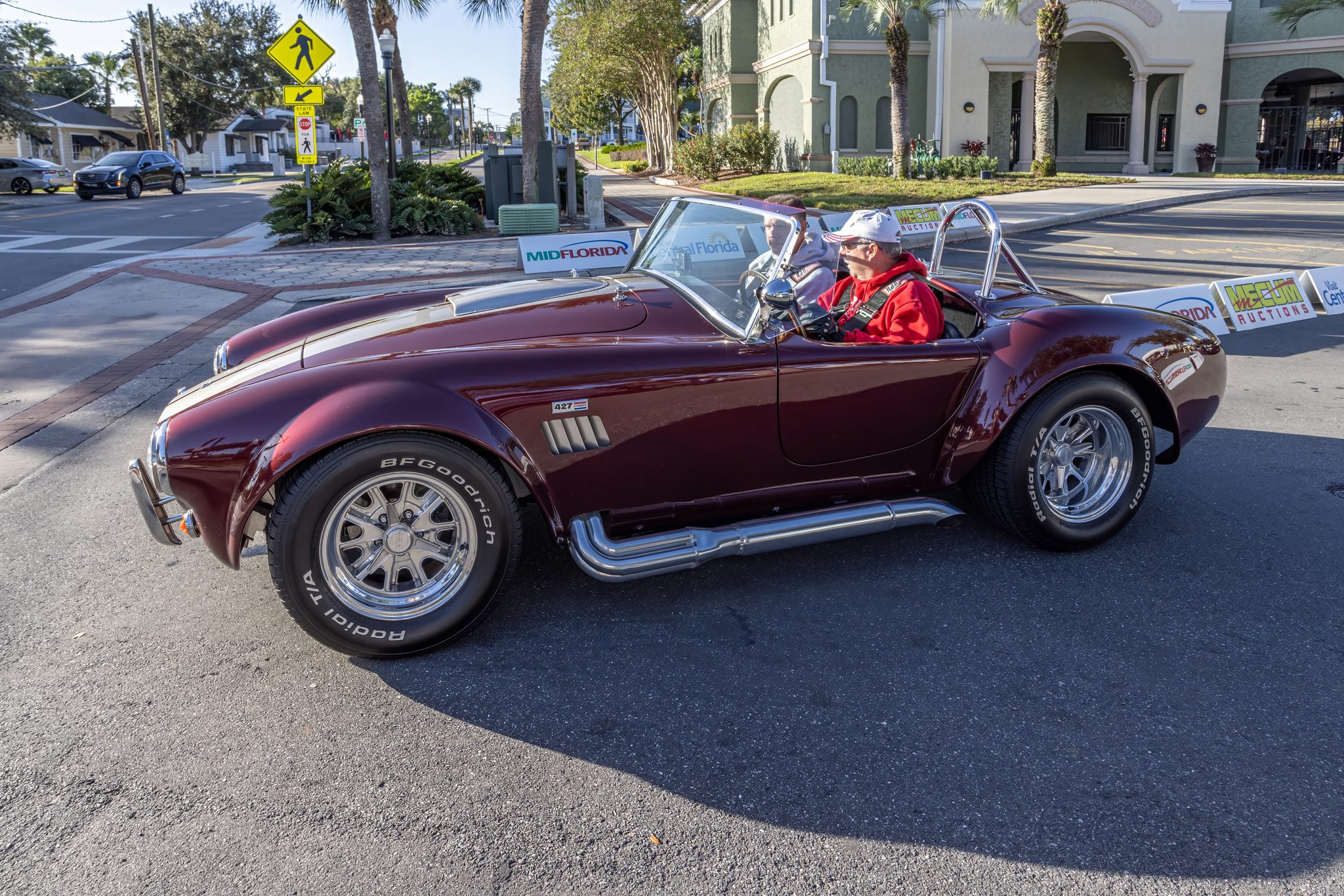 A Road Tour car leaving the start of the 2026 Lake Mirror Classic Sunday Road Tour, Lakeland, Florida.